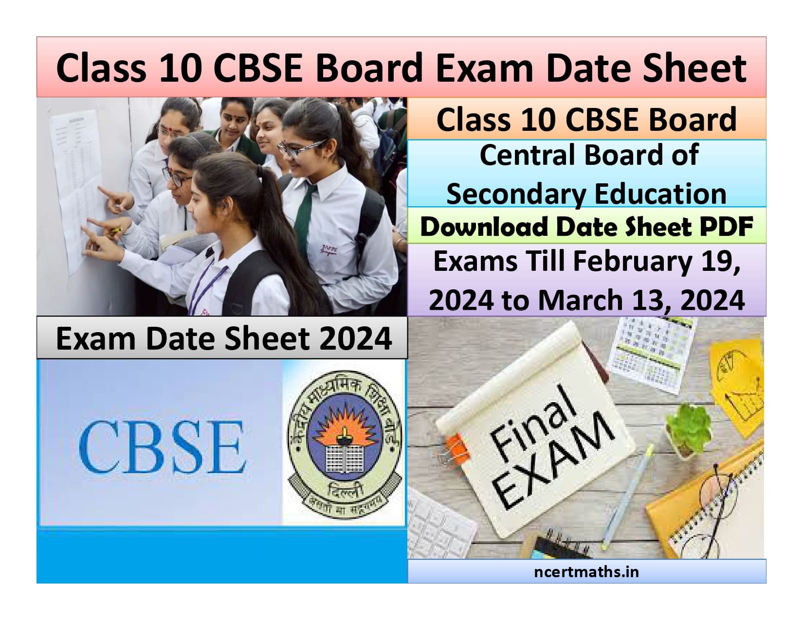 Latest Class 10 CBSE Board Exam Date Sheet 2024 Out Ncert Maths
